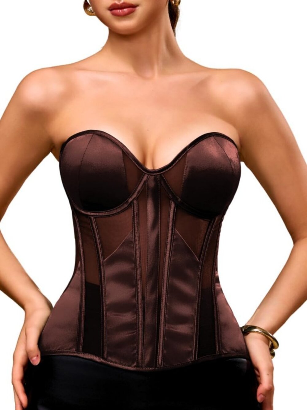 Elegant Satin Mesh Strapless Corset Top for Women - Classic Style & Chic Fit